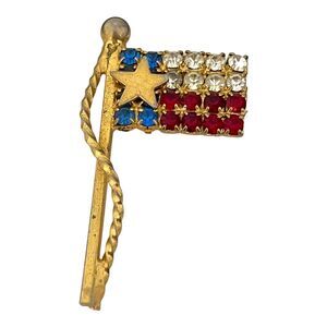 Vintage Texas State Flag Prin Prong  Set Crystal Rhinestone Figural Gold Tone 3O